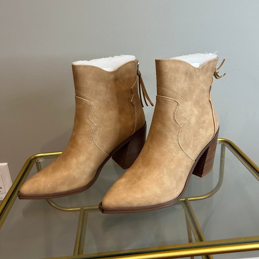 KCTRFSJ Women's Suede Chunky Heeled Western Ankle Boots Fashion Pointed Toe Back